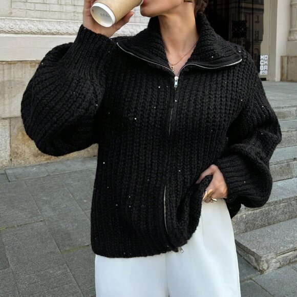 Black Casual Women's Loose Sequin Knit Sweater Jacket - Picture 4 of 5